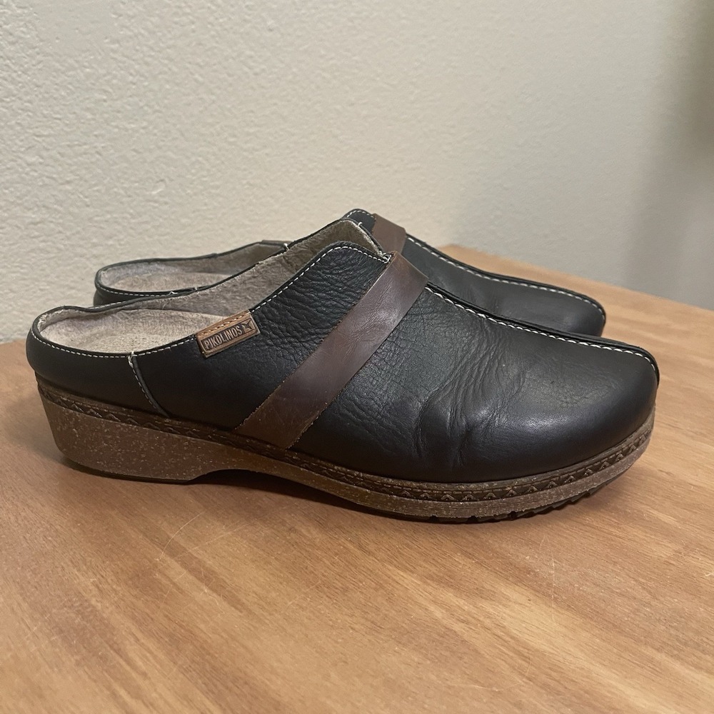 Pinkolinos Granada Leather Clogs Slip On Mule Navy Brown Comfort Shoes Size 8.5
